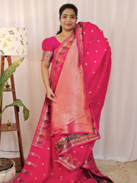 Premium Jute Blend Tussar with Paithani Weaving Border - Pink