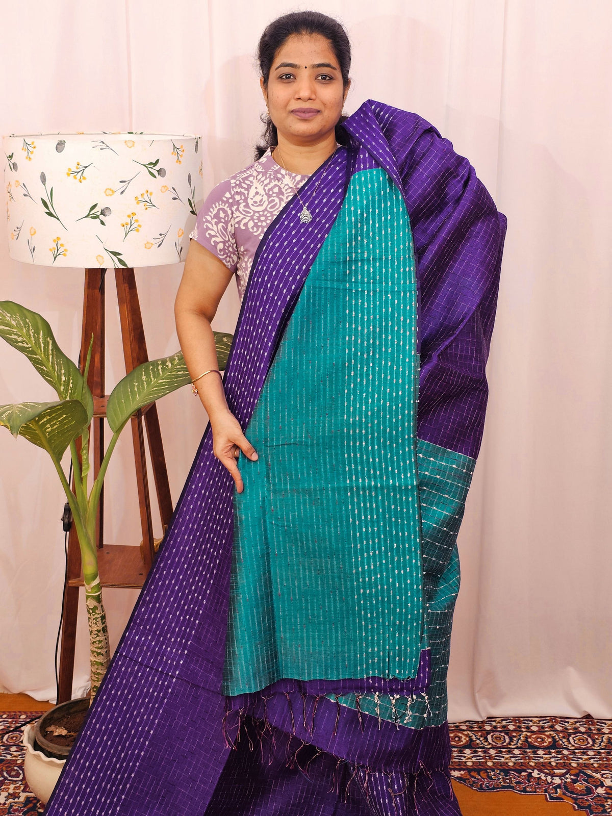 Semi Raw Silk Saree - Purple with Blue