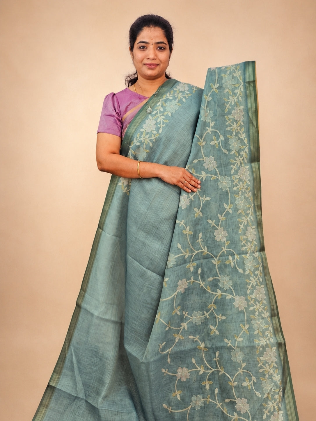 Linen Tissue with Aari Work - Aqua Blue