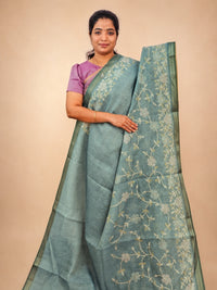 Linen Tissue with Aari Work - Aqua Blue