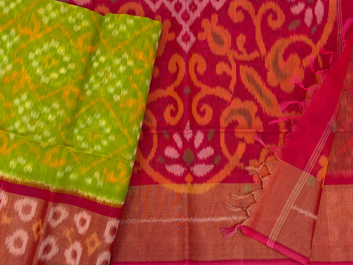 Green with Dark Peach Pochampally Ikkat Silk Cotton (SICO Pattu)