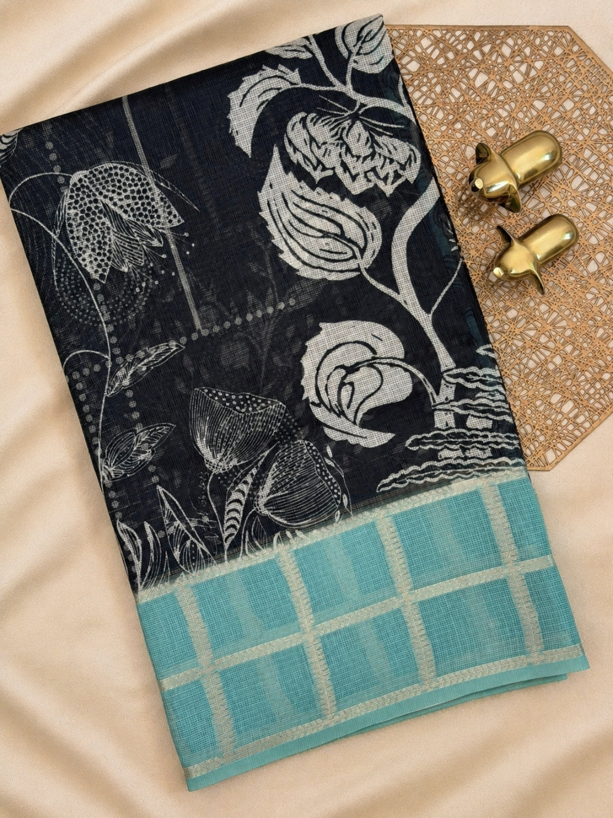 Premium Soft Semi Tussar Kota Weaving with Digital Prints - Black with Blue