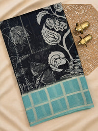 Premium Soft Semi Tussar Kota Weaving with Digital Prints - Black with Blue