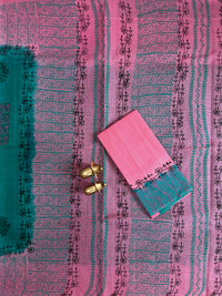 Pure Cotton with Checks Hand Block Prints - Green with Pink
