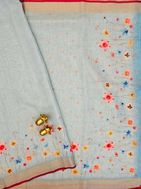 Linen Tissue Hand Brushed Floral Pattern with Thread Knot Work Sarees -  Pastel Blue
