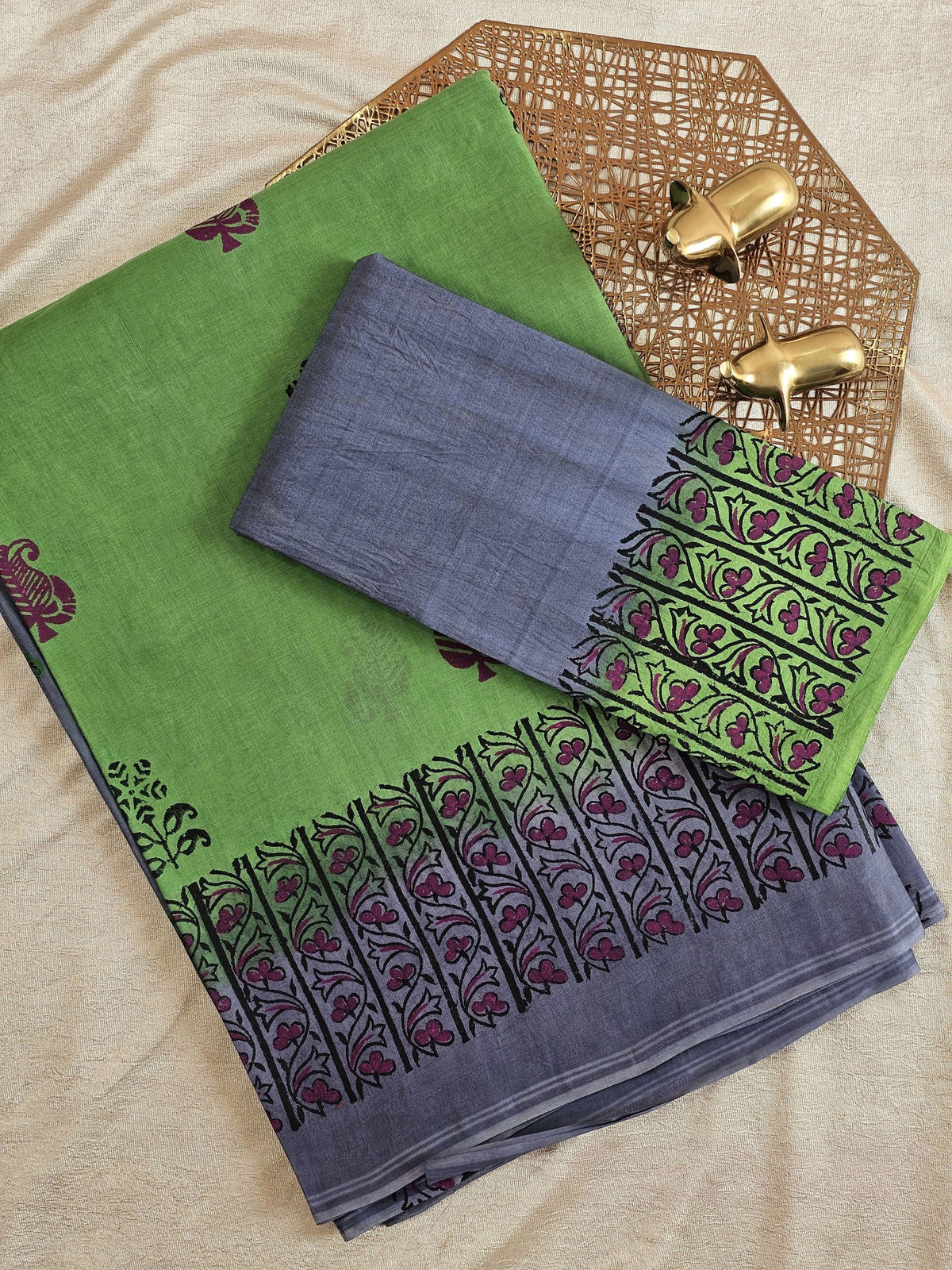 Pure Cotton with Hand Block Prints - Green with Grey