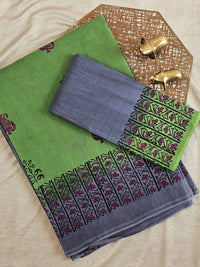 Pure Cotton with Hand Block Prints - Green with Grey