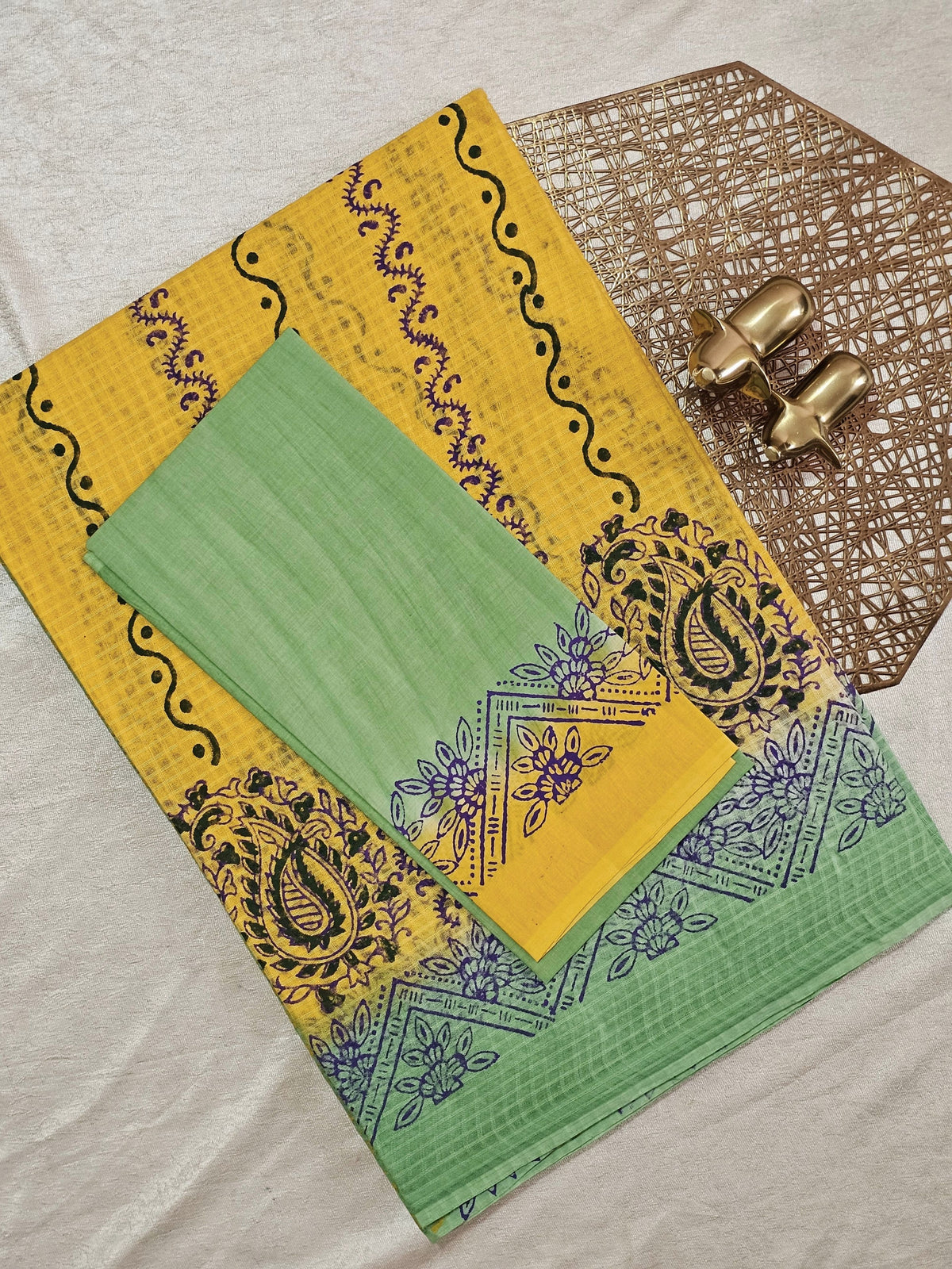 Pure Cotton with Checks Hand Block Prints - Yellow with Green