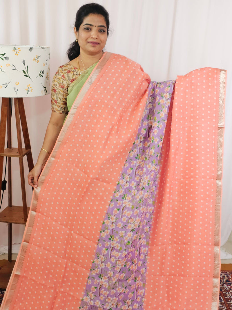 Handwoven Mangalagiri Pattu Saree with Digital Prints  - Lavender with Peach