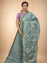 Linen Tissue with Aari Work - Aqua Blue