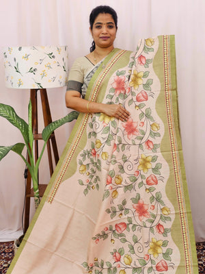 Green Silk with Digital Prints - Mehndi Green