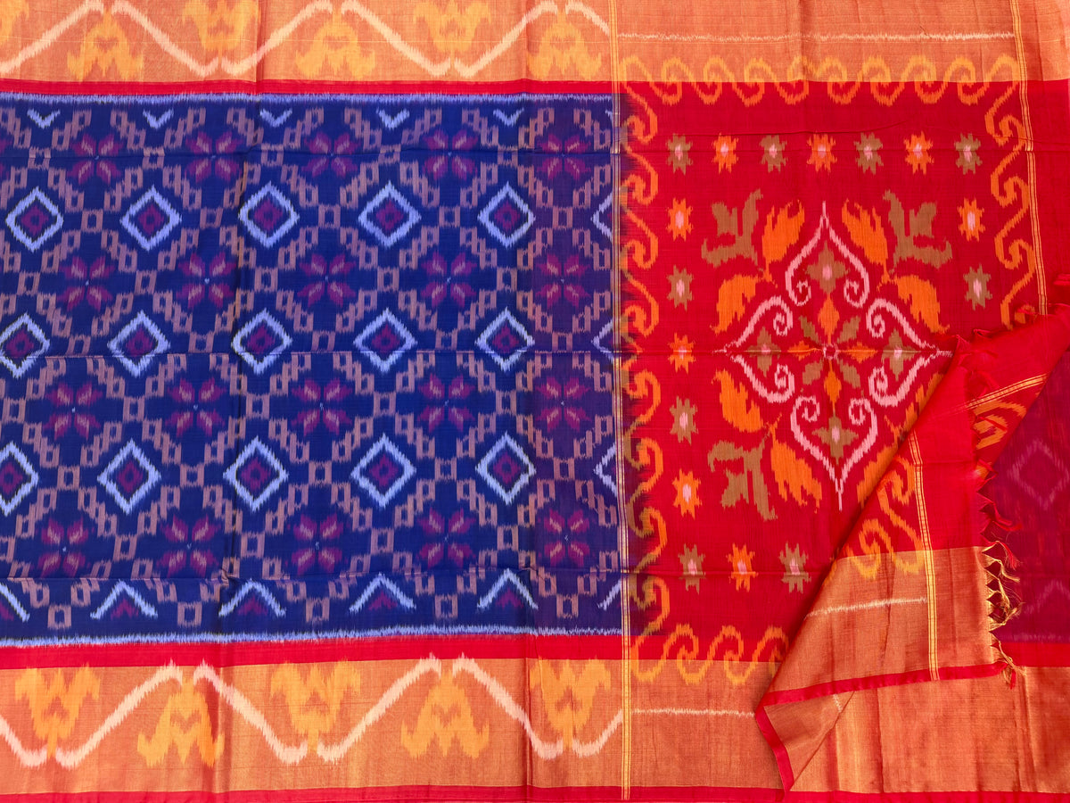 Blue with Red Pochampally Ikkat Silk Cotton (SICO Pattu)