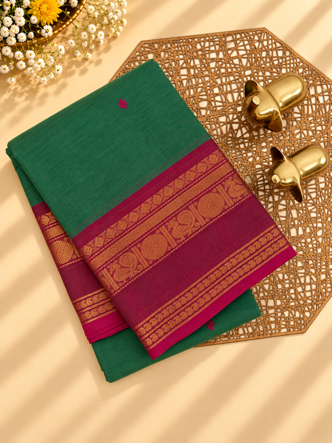 Chettinad Cotton Sarees - Green with Pink