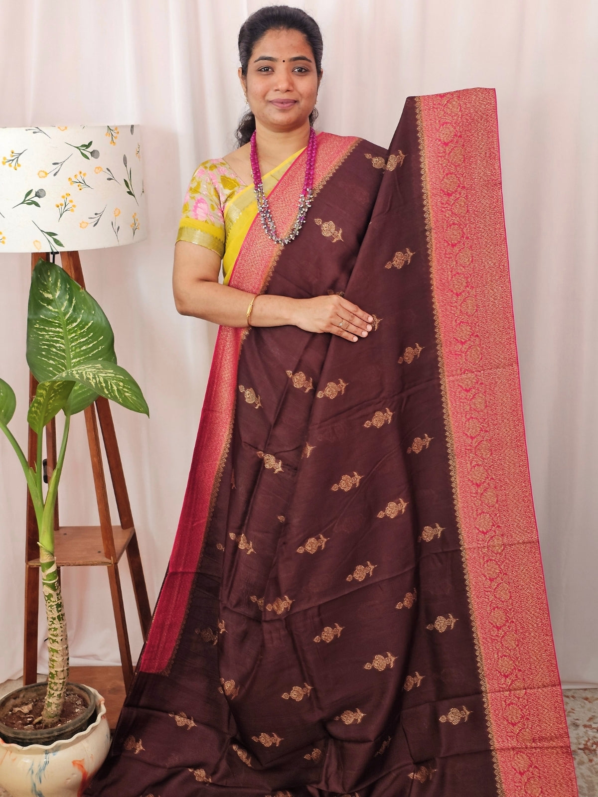Jute Banarasi Silk Saree - Brown with Rani Pink