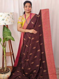Jute Banarasi Silk Saree - Brown with Rani Pink