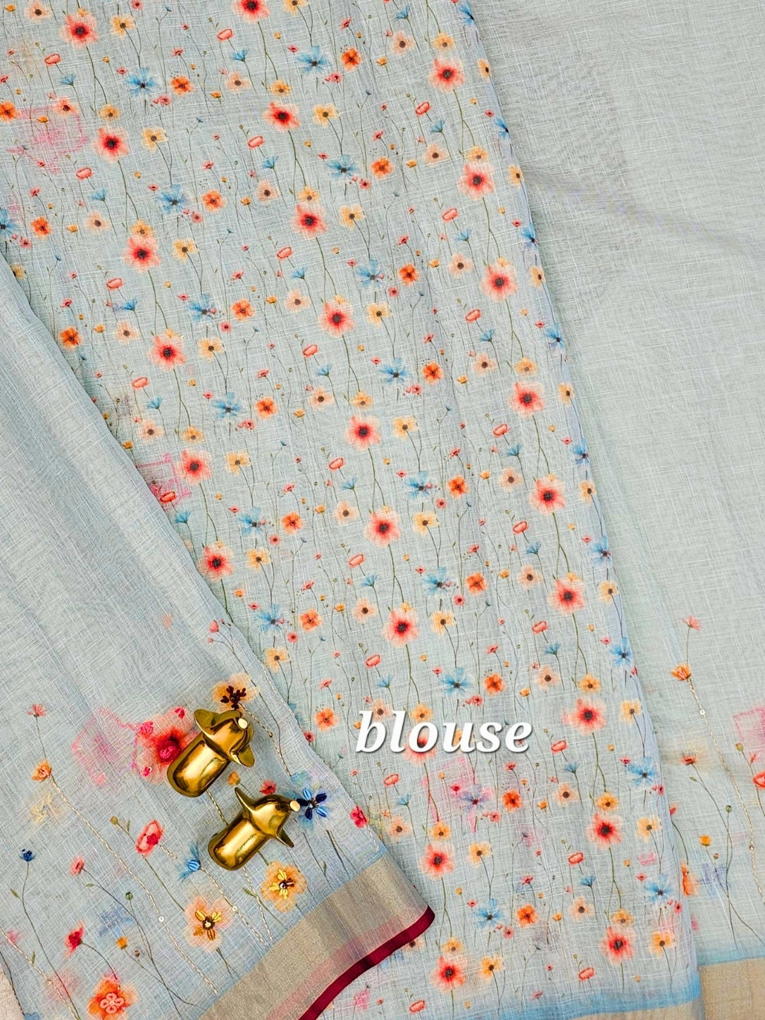 Linen Tissue Hand Brushed Floral Pattern with Thread Knot Work Sarees -  Pastel Blue
