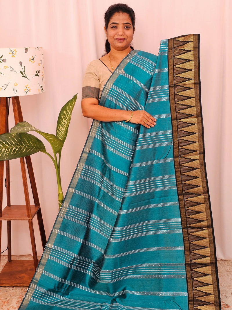 Semi Raw Silk Saree - Blue with Black