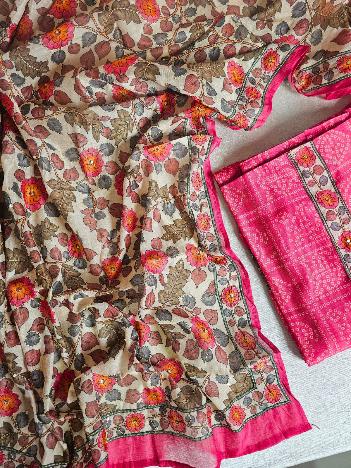 Chanderi with Kantha Unstitched Salwar Suit - Pink (Copy)