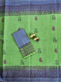 Pure Cotton with Hand Block Prints - Green with Grey