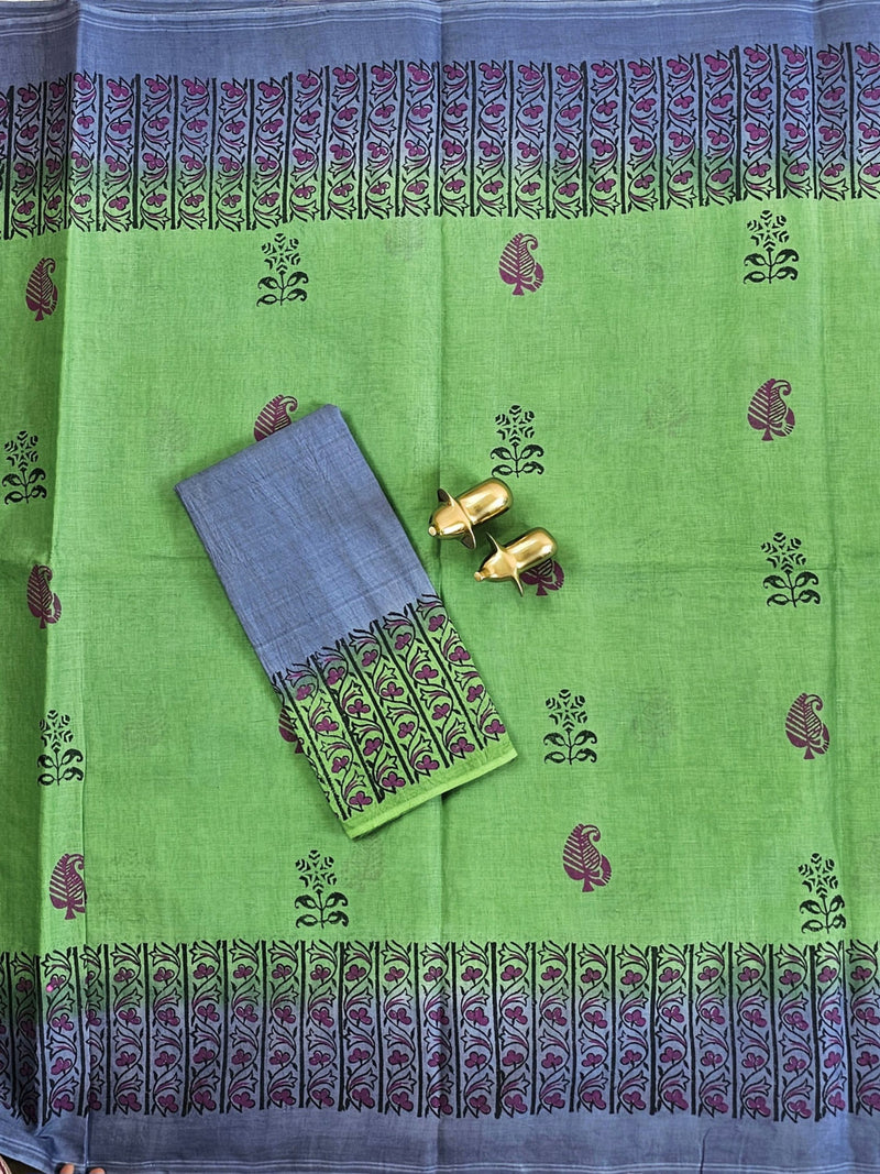 Pure Cotton with Hand Block Prints - Green with Grey