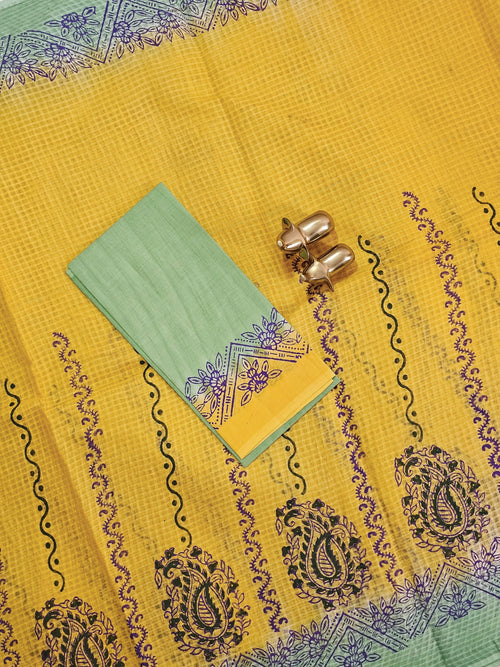 Pure Cotton with Checks Hand Block Prints - Yellow with Green