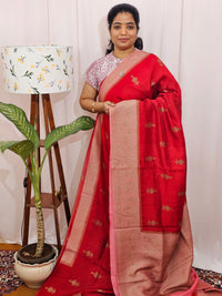Jute Banarasi Silk Saree - Red with Peach