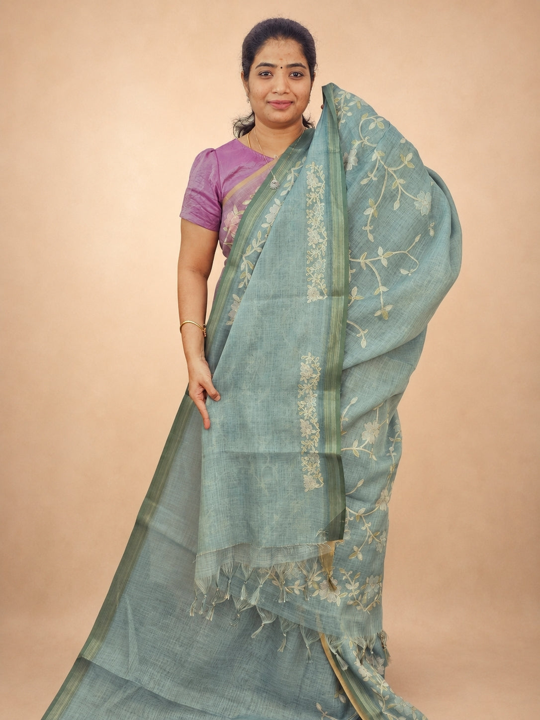 Linen Tissue with Aari Work - Aqua Blue