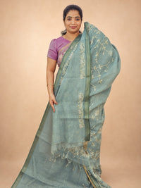Linen Tissue with Aari Work - Aqua Blue