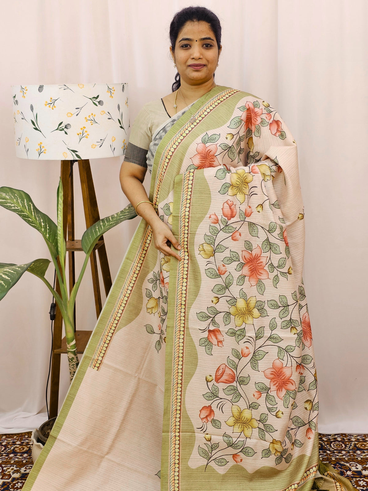Green Silk with Digital Prints - Mehndi Green