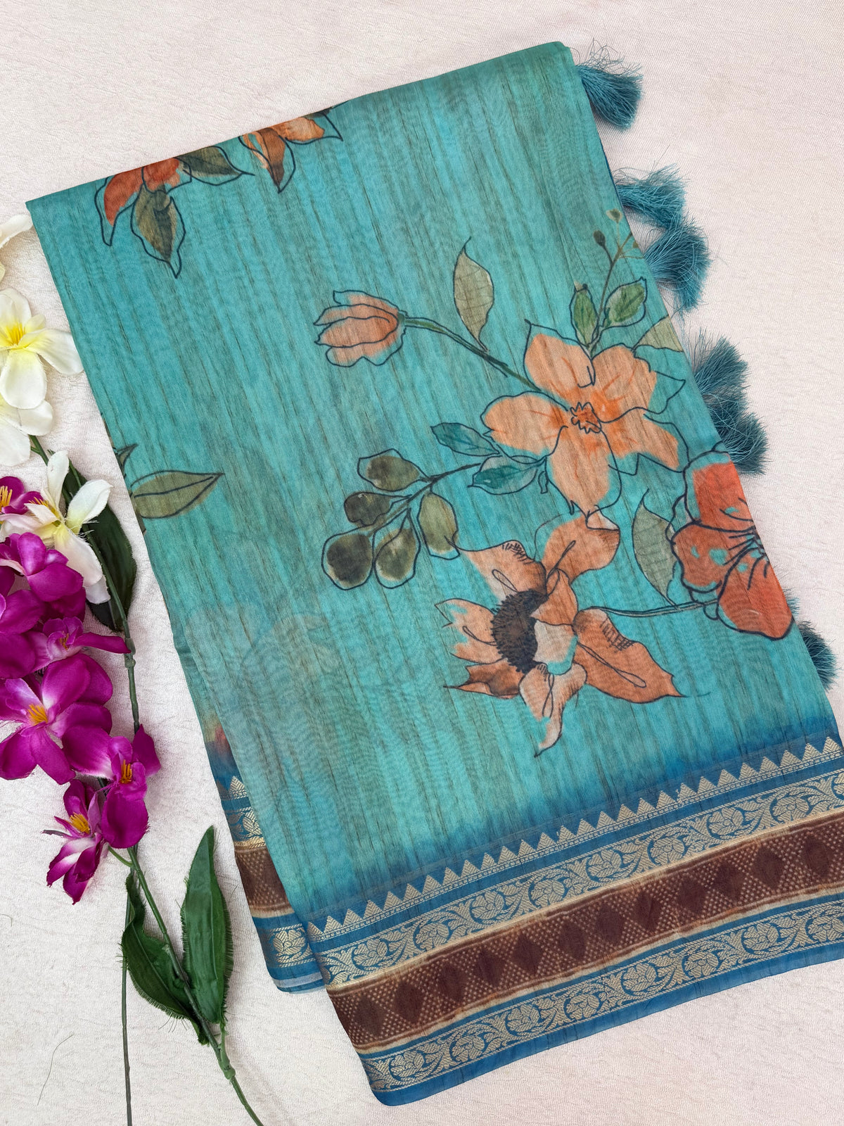 Unique Semi Tussar with Zari Border and Digital Prints - Blue