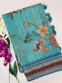Unique Semi Tussar with Zari Border and Digital Prints - Blue