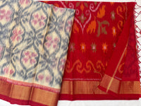 Cream with Red Pochampally Ikkat Silk Cotton (SICO Pattu)