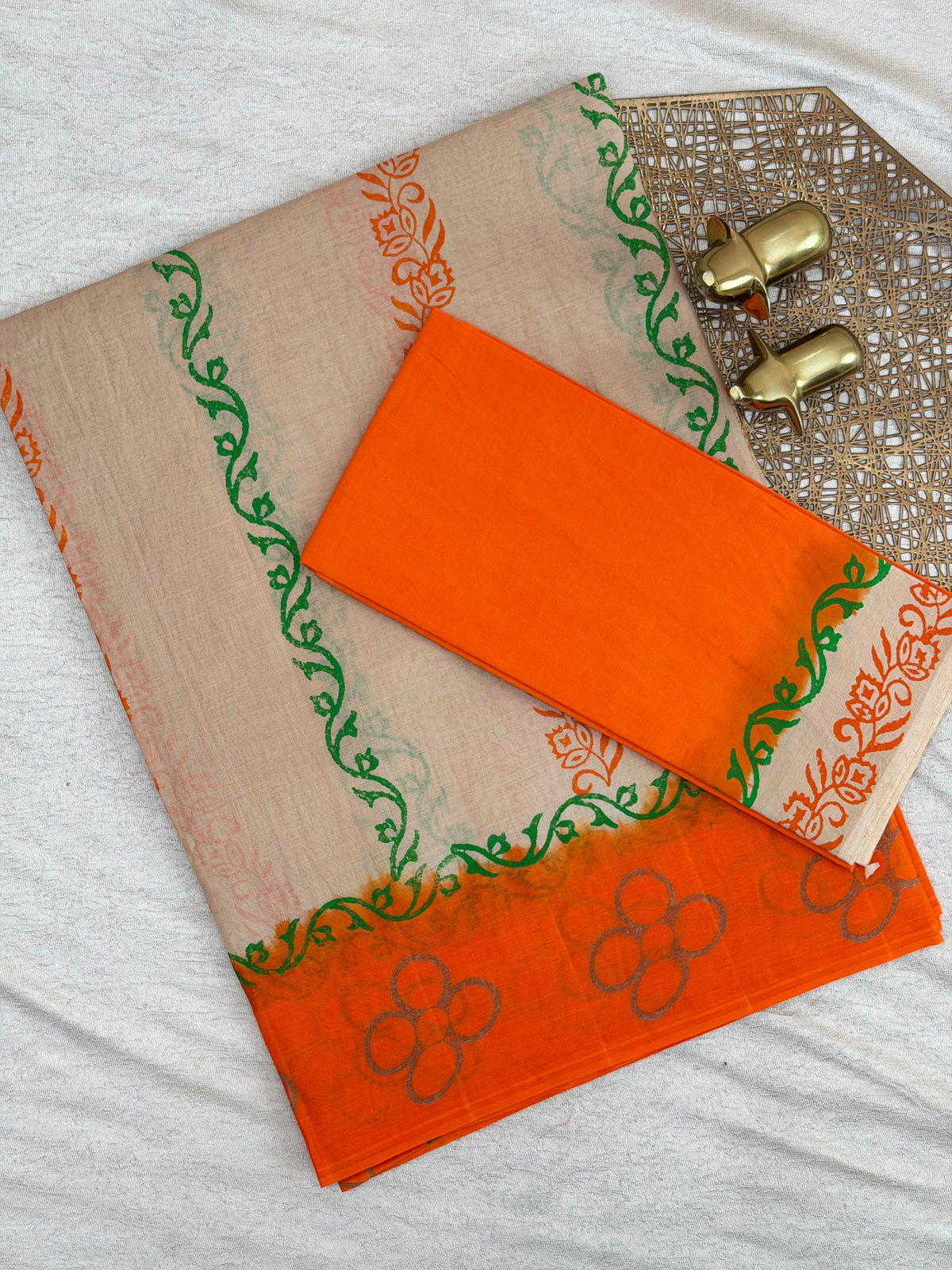 Pure Cotton with Hand Block Prints - Beige with Orange