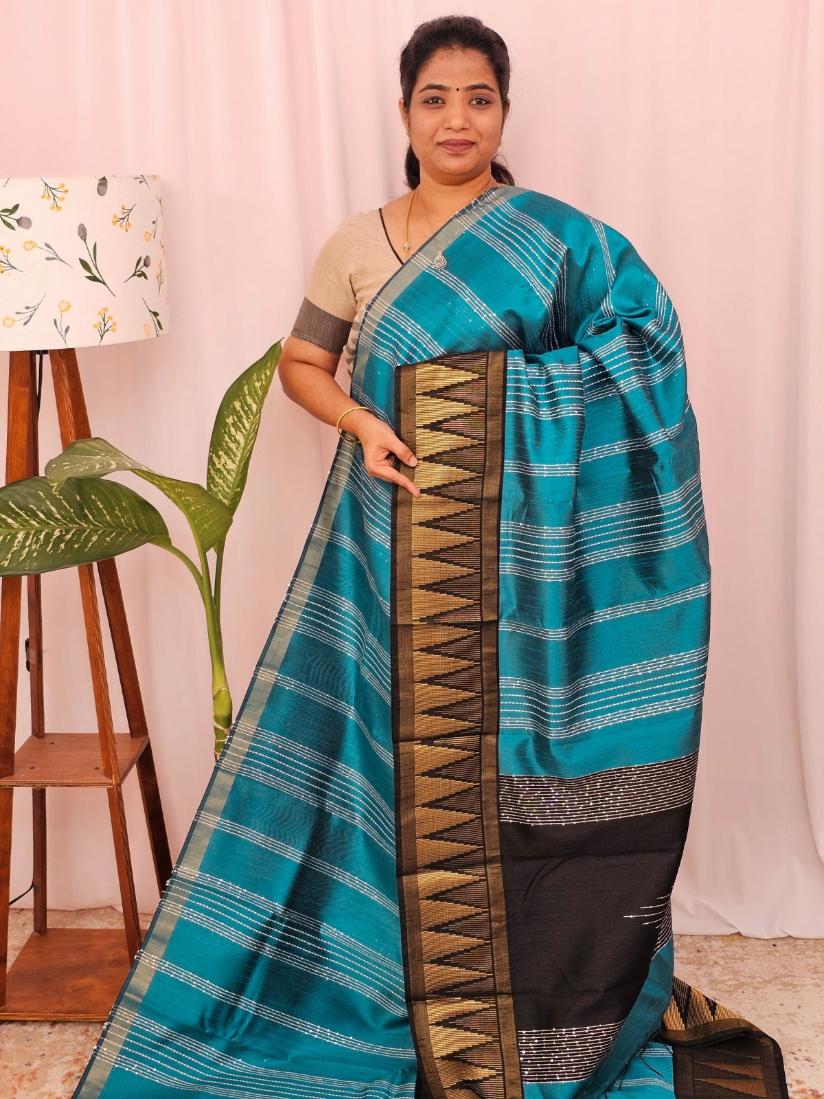Semi Raw Silk Saree - Blue with Black