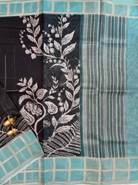 Premium Soft Semi Tussar Kota Weaving with Digital Prints - Black with Blue