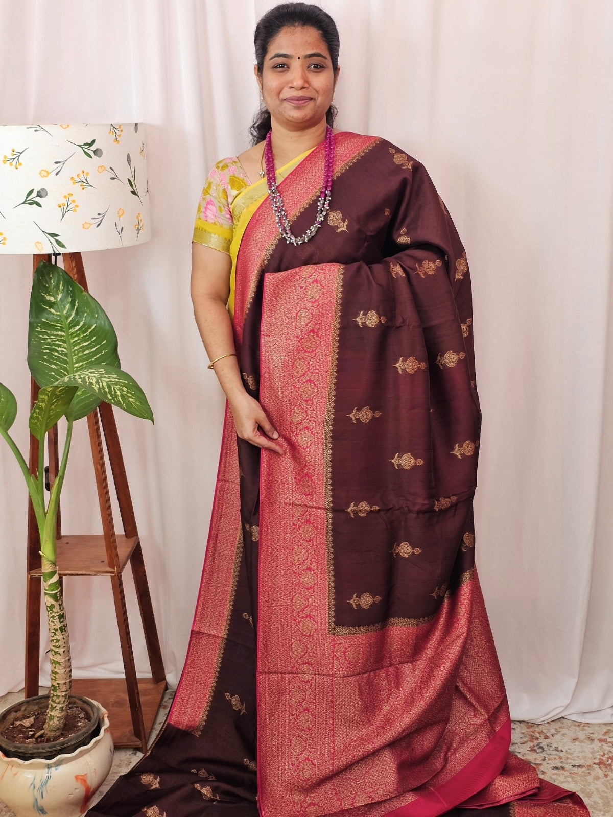 Jute Banarasi Silk Saree - Brown with Rani Pink