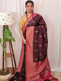 Jute Banarasi Silk Saree - Brown with Rani Pink