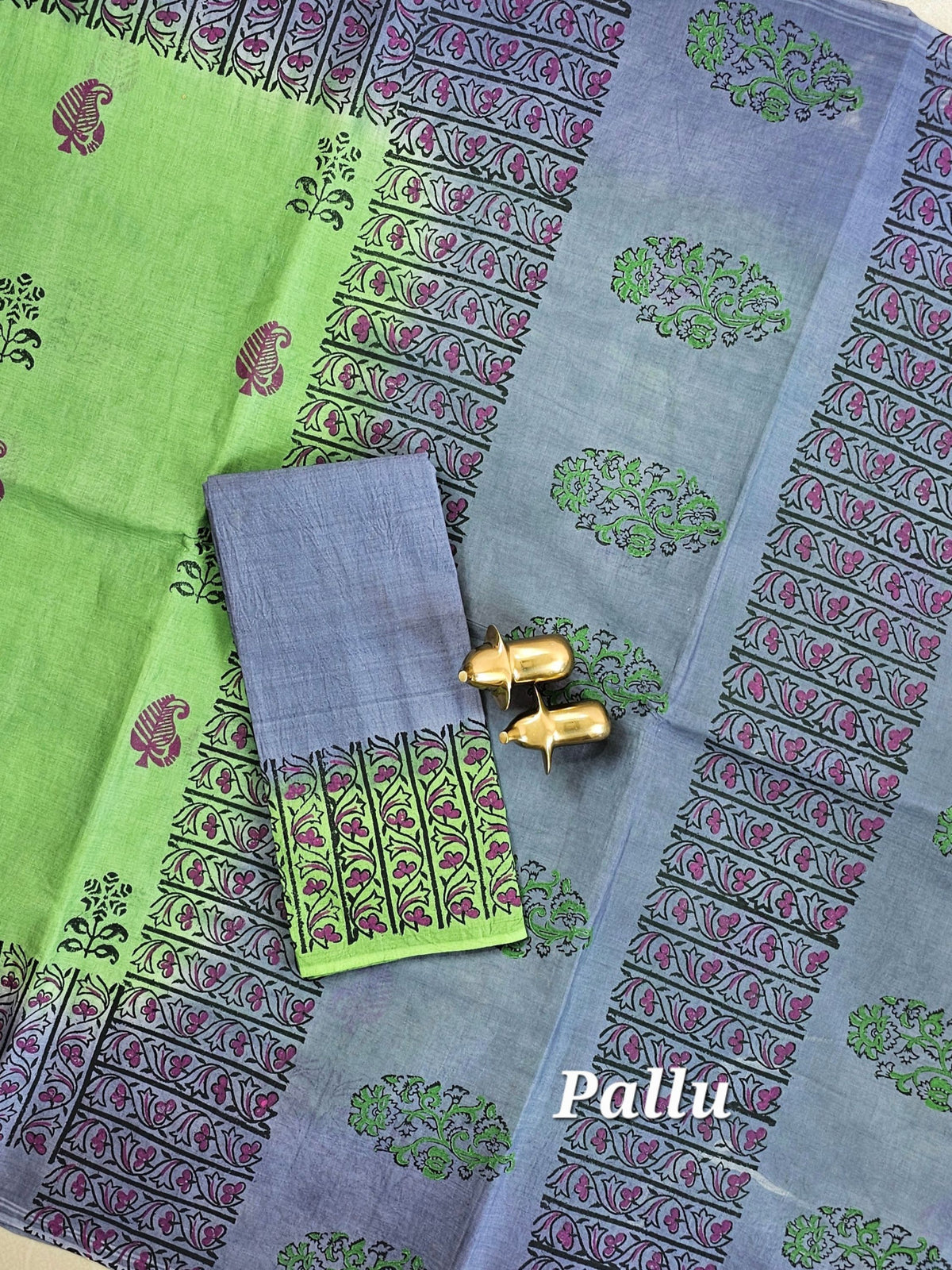 Pure Cotton with Hand Block Prints - Green with Grey