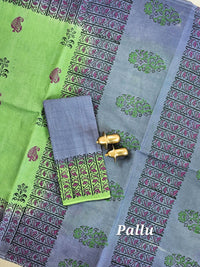 Pure Cotton with Hand Block Prints - Green with Grey