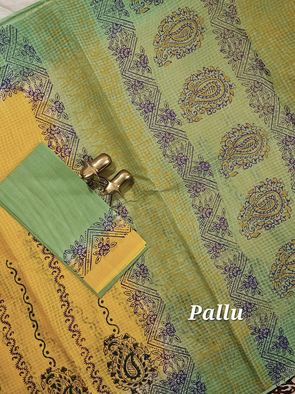 Pure Cotton with Checks Hand Block Prints - Yellow with Green
