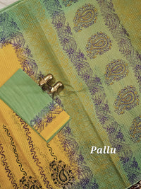 Pure Cotton with Checks Hand Block Prints - Yellow with Green