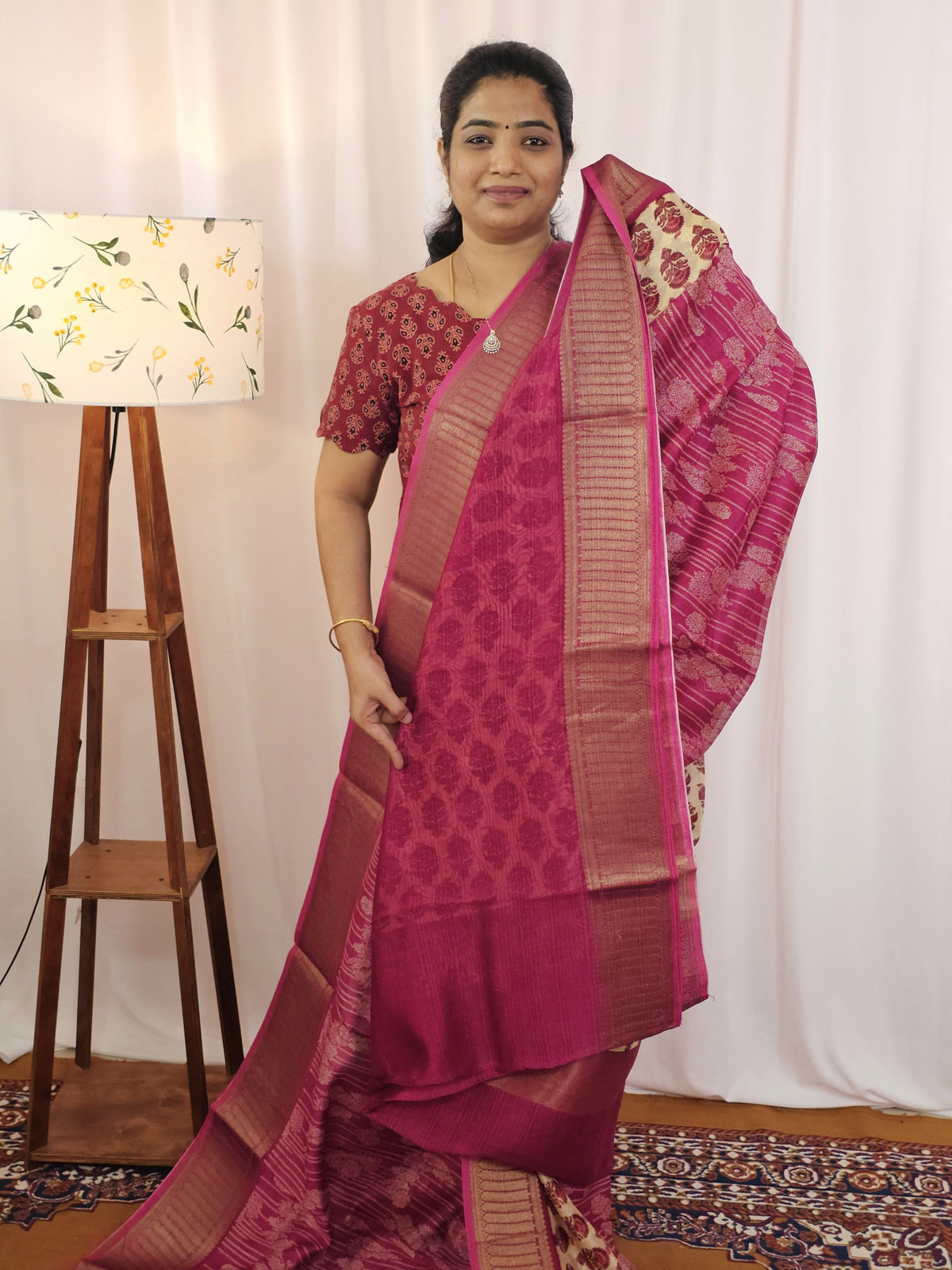 Pure Chanderi Butter Silk - Pink with Cream