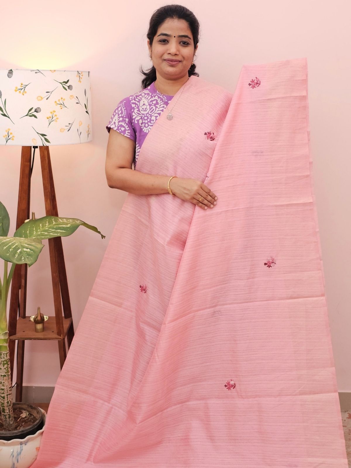 Premium Soft Linen Tissue with Hand Emboridery - Pink
