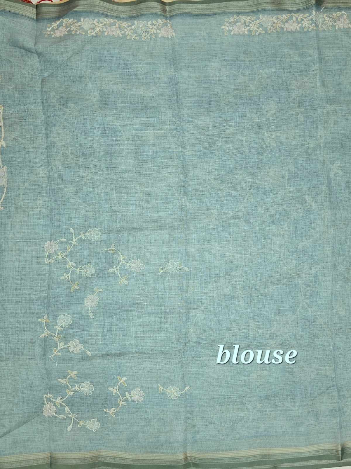 Linen Tissue with Aari Work - Aqua Blue