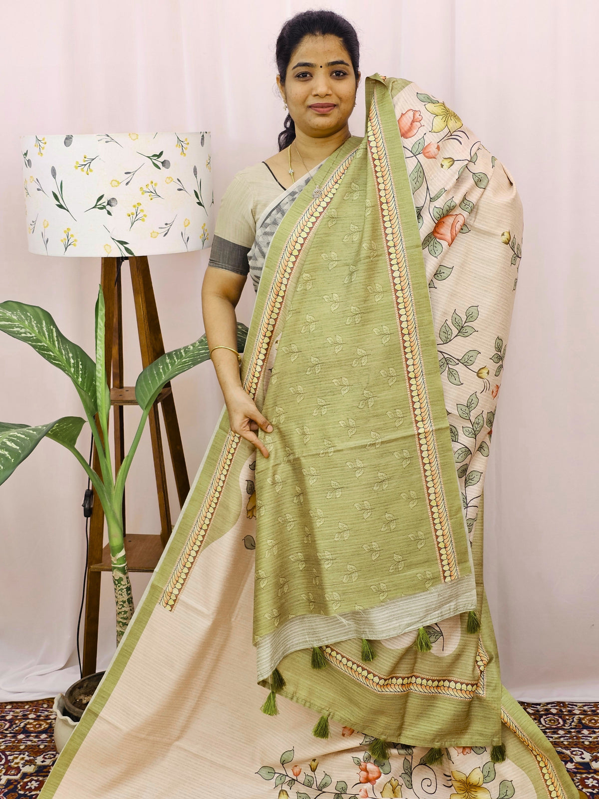 Green Silk with Digital Prints - Mehndi Green