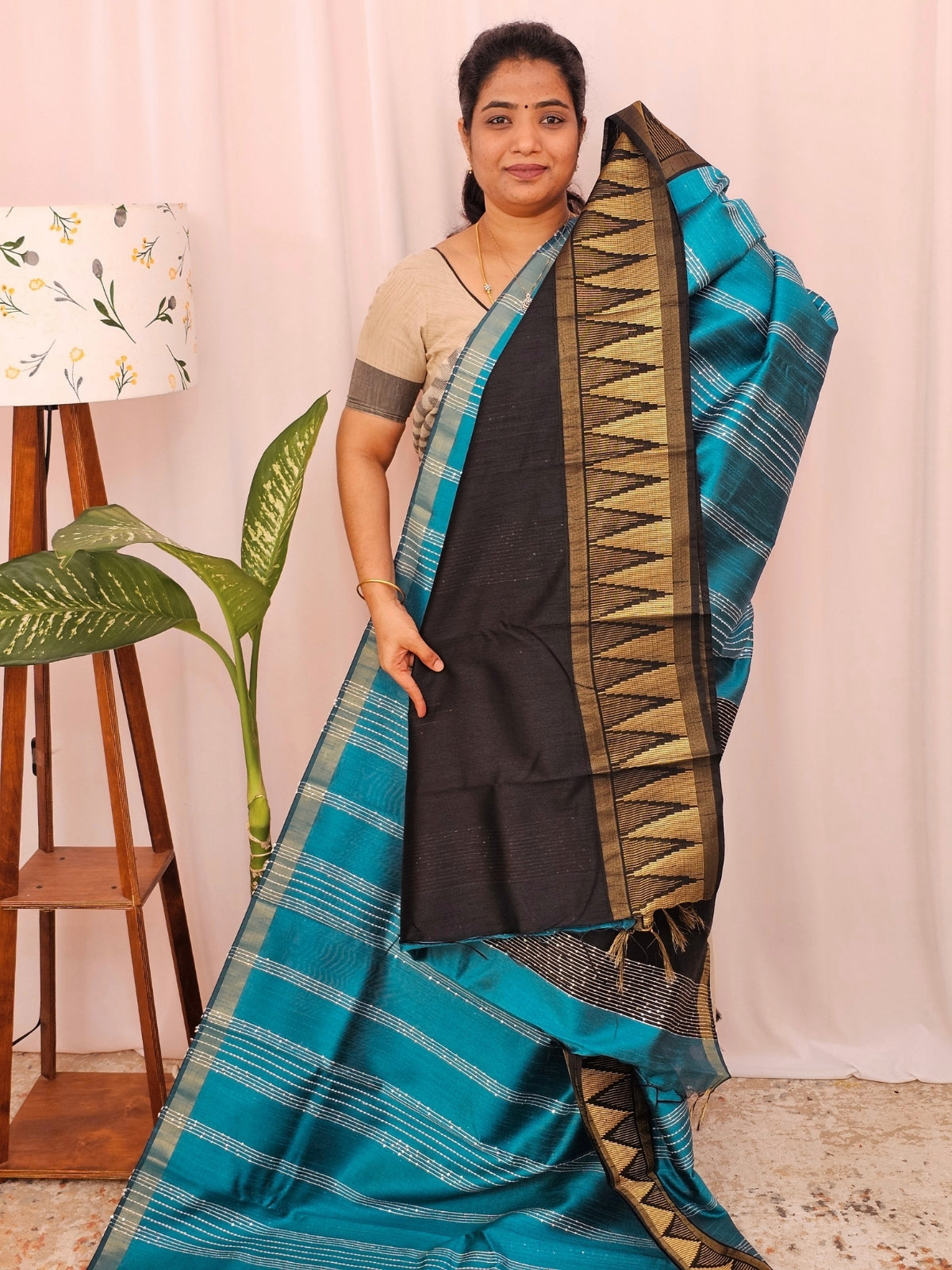 Semi Raw Silk Saree - Blue with Black