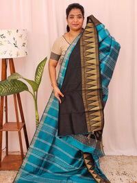 Semi Raw Silk Saree - Blue with Black