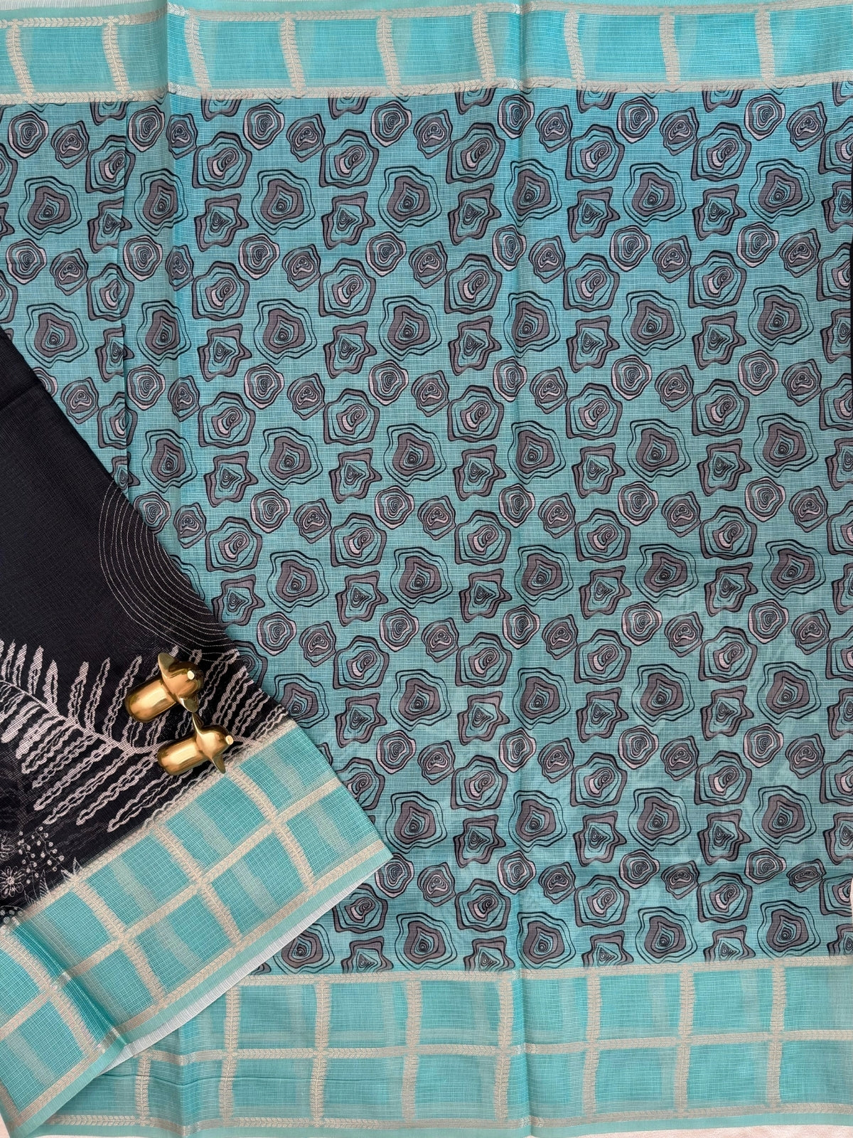Premium Soft Semi Tussar Kota Weaving with Digital Prints - Black with Blue