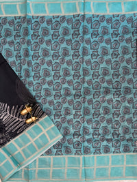 Premium Soft Semi Tussar Kota Weaving with Digital Prints - Black with Blue