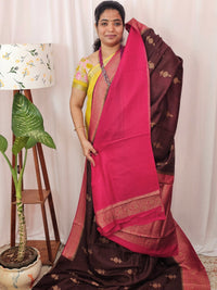 Jute Banarasi Silk Saree - Brown with Rani Pink